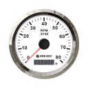 Тахометр 0-8000 об/мин со счетчиком моточасов делитель 0.5-250, белый циферблат, нержавеющий ободок, Marine Rocket