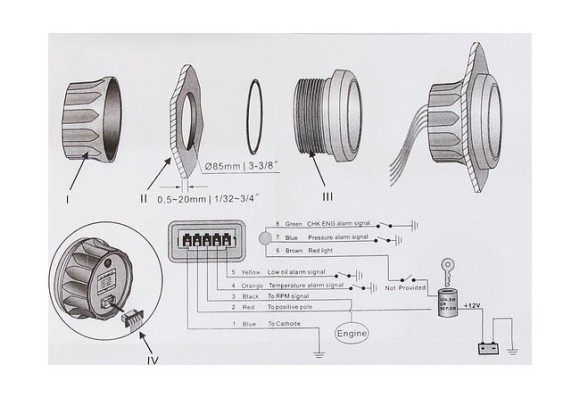 Тахометр 0-7000 об/мин с аварийной сигнализацией делитель 1-10, черный циферблат, нержавеющий ободок, Marine Rocket