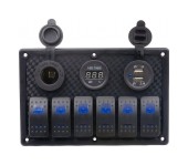 Панель бортового питания 6 переключателей, USB зарядка, разъем прикуривателя, вольтметр Панель бортового питания 6 переключателей, USB зарядка, разъем прикуривателя, вольтметр