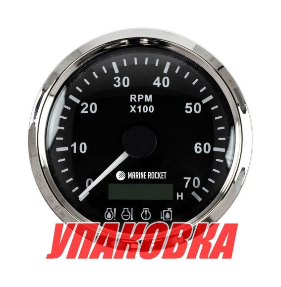 Тахометр 0-7000 об/мин с аварийной сигнализацией делитель 1-10, черный циферблат, нержавеющий ободок, Marine Rocket (упаковка из 10 шт.)