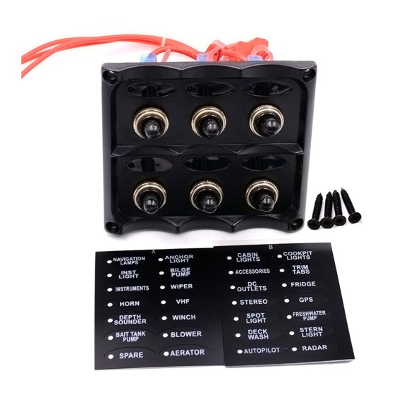 Панель бортового питания Skipper с тумблерами переключателей - 6, с индикацией, гнёзд предохранителей - 3