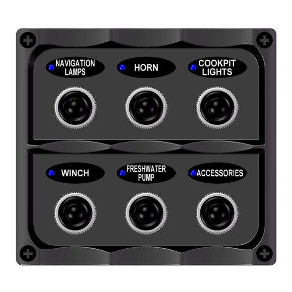 Панель бортового питания Skipper с тумблерами переключателей - 6, с индикацией, гнёзд предохранителей - 3