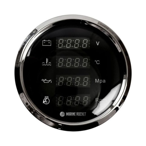 Прибор многофункциональный 4 в 1 (тахометр, вольтметр, давление, температура), черный циферблат, нержавеющий ободок, д. 110 мм, Marine Rocket