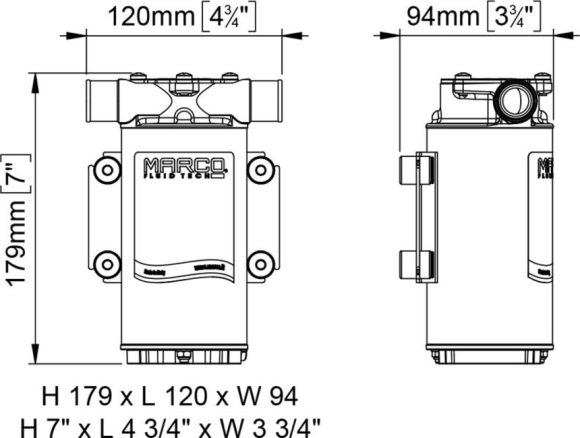 Помпа водоподающая импеллерная Marco UP1, 12 В, 35 л/мин, 17.4 PSI (1.2 бар)