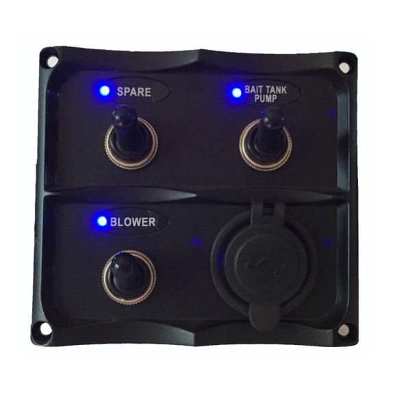 Панель бортового питания Skipper с тумблерами переключателей - 3, с индикацией, гнёзд предохранителей - 3, разъем USB