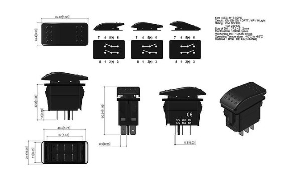 Переключатель трехпозиционный ON-ON-ON 12 В/20А 6Р Переключатель трехпозиционный ON-ON-ON 12 В/20А 6Р
