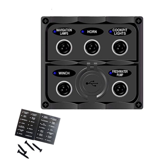 Панель бортового питания Skipper с тумблерами переключателей - 5, с индикацией, гнёзд предохранителей - 3, разъем USB