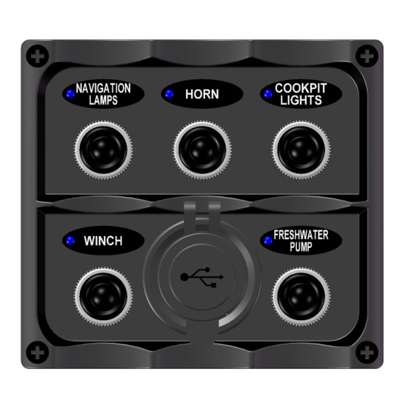 Панель бортового питания Skipper с тумблерами переключателей - 5, с индикацией, гнёзд предохранителей - 3, разъем USB