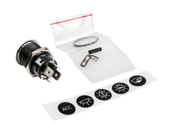 Кнопка без фиксации, подсветка белая, наклейки, 12 В, 20А, 19мм