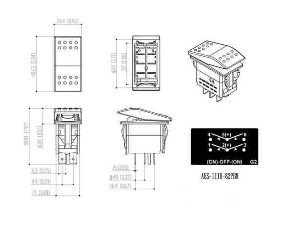 Переключатель трехпозиционный (ON)-OFF-(ON) 12 В/20А 6Р без фиксации Переключатель трехпозиционный (ON)-OFF-(ON) 12 В/20А 6Р без фиксации