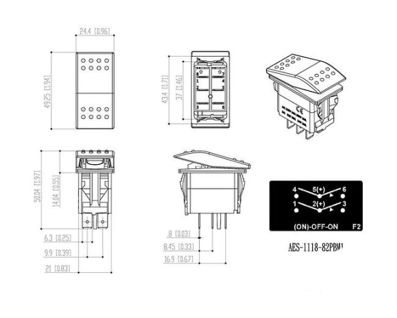 Переключатель трехпозиционный (ON)-OFF-ON 12 В/20А 6Р без фиксации 1 положения