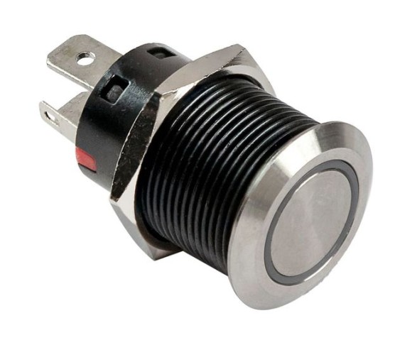 Кнопка без фиксации, подсветка красная, 12 В, 20А, 19мм