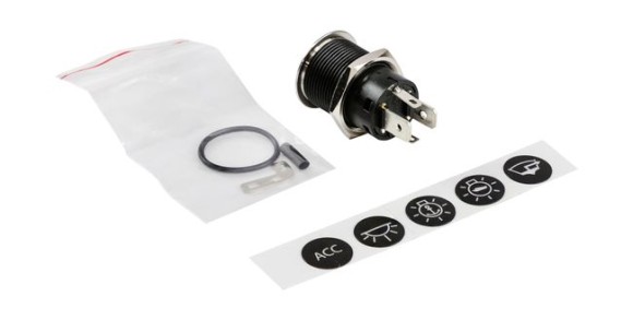 Кнопка с фиксацией, подсветка красная, наклейки, 12 В, 20А, 19мм