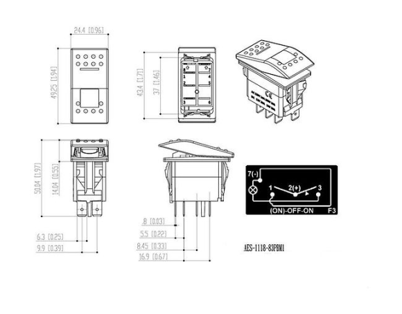 Переключатель трехпозиционный (ON)-OFF-ON 12 В/20А 4Р с подсветкой без фиксации 1 положения