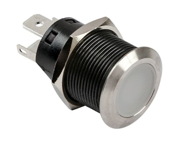 Кнопка без фиксации, подсветка красная, наклейки, 12 В, 20А, 19мм