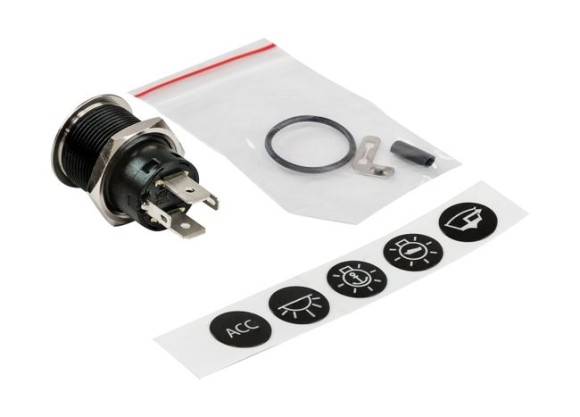 Кнопка без фиксации, подсветка красная, наклейки, 12 В, 20А, 19мм